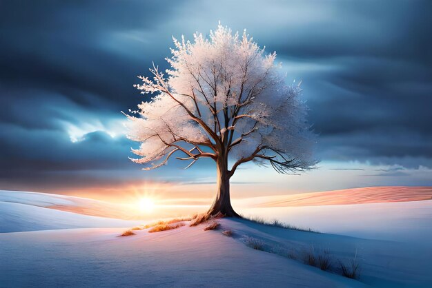 beautiful tree in winter landscape in late evening in snowfall digital art illustration painting