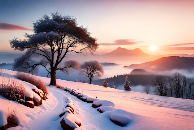 Foto bellissimo albero nel paesaggio invernale a tarda sera nella pittura di illustrazione di arte digitale nevicata