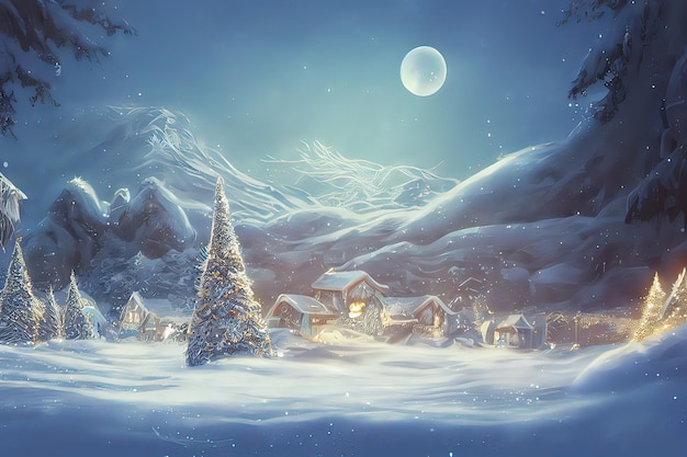 降雪デジタル アート イラスト絵画で夜遅くの冬の風景の美しい木