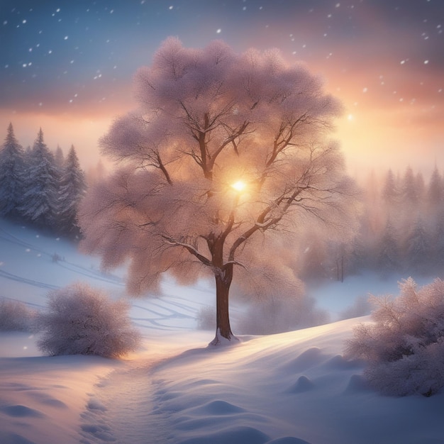 beautiful tree in winter landscape in late evening in snowfall digital art illustration