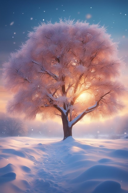 beautiful tree in winter landscape in late evening in snowfall digital art illustration