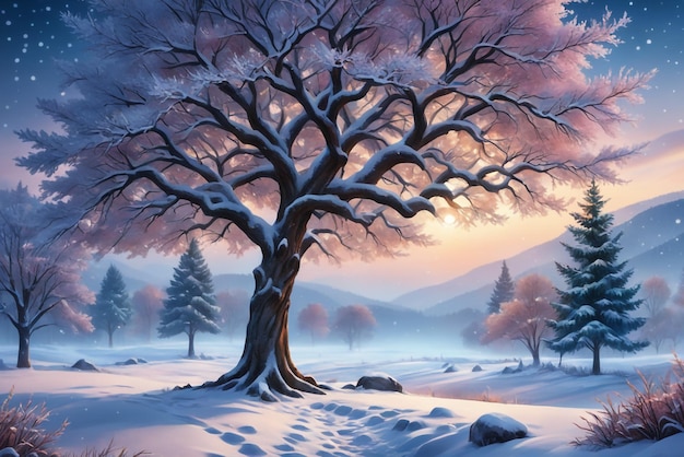 beautiful tree in winter landscape in late evening in snowfall digital art illustration