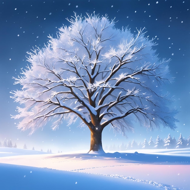 Красивое дерево в зимнем пейзаже поздним вечером в снегопаде, иллюстрация цифрового искусства