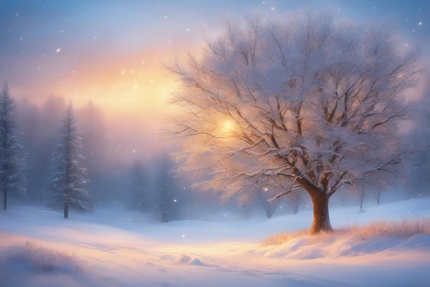 beautiful tree in winter landscape in late evening in snowfall digital art illustration
