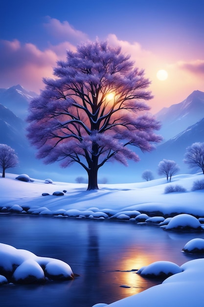 beautiful tree in winter landscape in late evening in snowfall digital art illustration