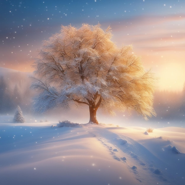 beautiful tree in winter landscape in late evening in snowfall digital art illustration