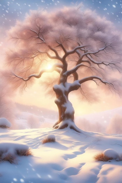 beautiful tree in winter landscape in late evening in snowfall digital art illustration