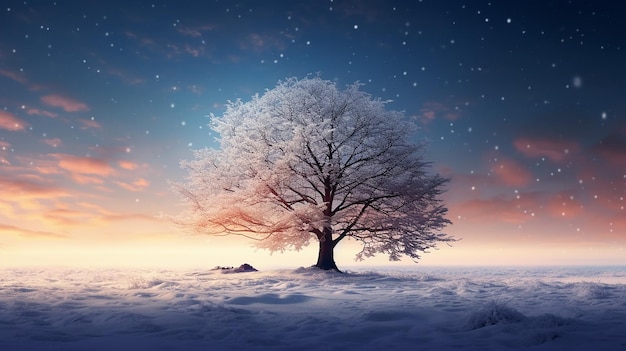 beautiful tree in winter landscape in late evening