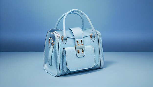 Beautiful trendy smooth youth women's handbag in gentle blue color on a light blue studio background Generate Ai