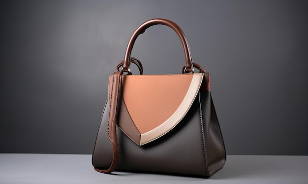 Фото Красивая модная гладкая молодежная женская сумочка коричневого и серого цвета на сером фоне студии
