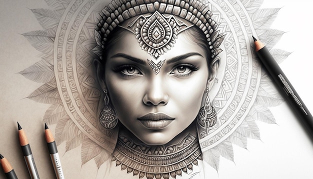 Beautiful tribal woman mandala art drawing AI Generated