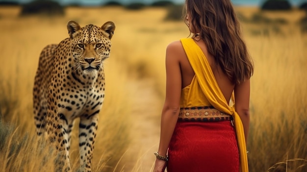 beautiful tribal woman and and wild animals in desert