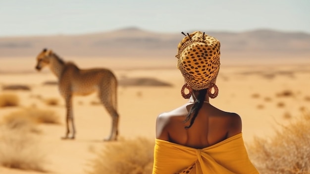 beautiful tribal woman and and wild animals in desert