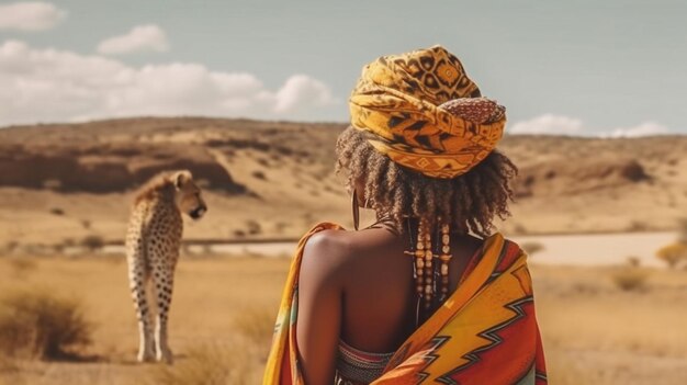 Foto bella donna tribale e animali selvatici nel deserto