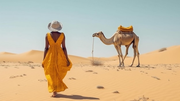 beautiful tribal woman and and wild animals in desert