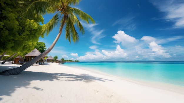 Beautiful tropical background with palm trees water villas beach chair and amazing sea