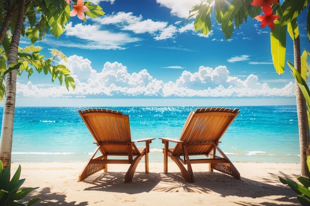 Фото Красивый тропический пляж и море со стулом, созданный ai