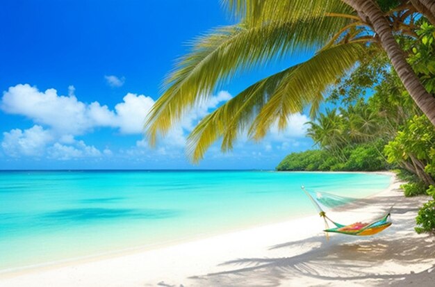 Фото Красивое тропическое море и океан пляжа с кокосовой пальмой, зонтиком и стулом на голубом небе