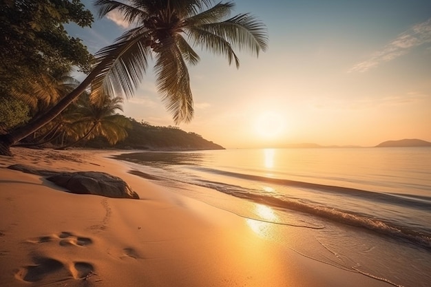 Beautiful tropical beach sea and ocean with coconut palm tree at sunrise time