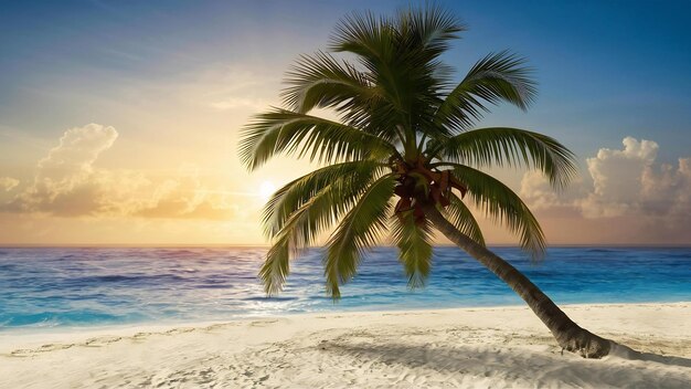 Beautiful tropical beach sea and ocean with coconut palm tree at sunrise time