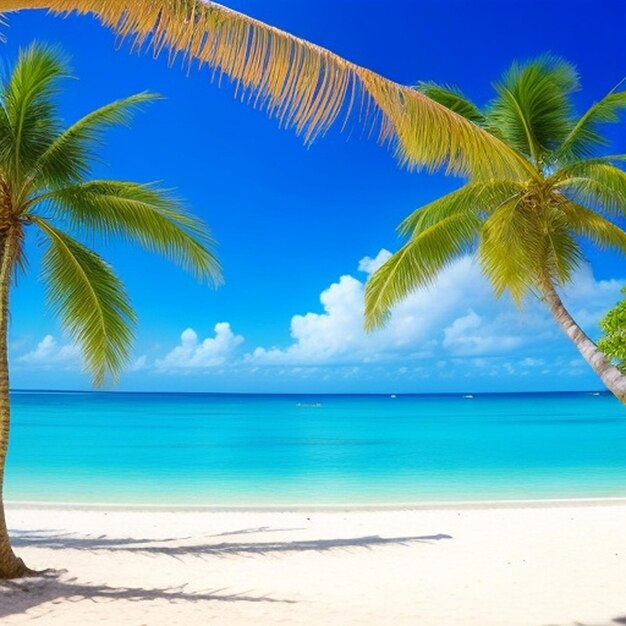 Beautiful tropical beach sea and ocean with coconut palm tree and umbrella and chair on blue sky