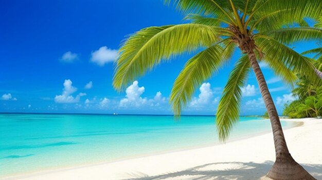 Beautiful tropical beach sea and ocean with coconut palm tree and umbrella and chair on blue sky