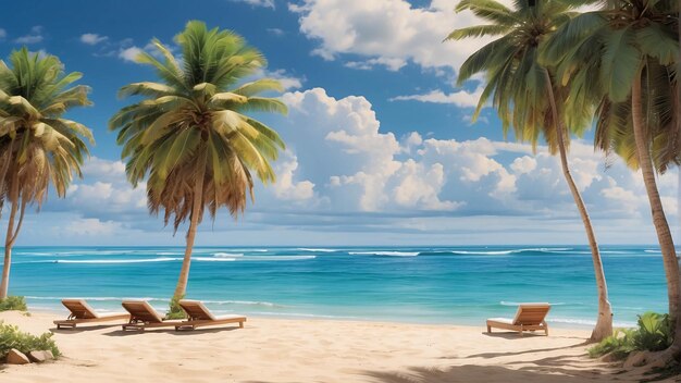 Beautiful Tropical Beach Sea Ocean With Palm Tree And White Sand On Summer With Blue Sky Background