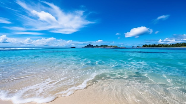 Beautiful tropical beach sea ocean with white cloud blue sky and copyspace Generative AI