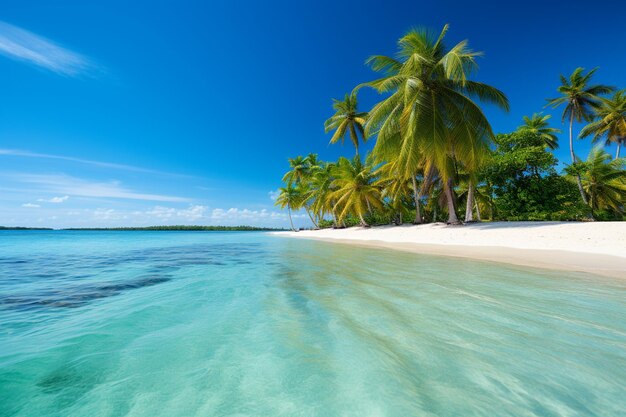 美しい熱帯のビーチ海と砂青い空と白い雲の上のココナッツパームの木