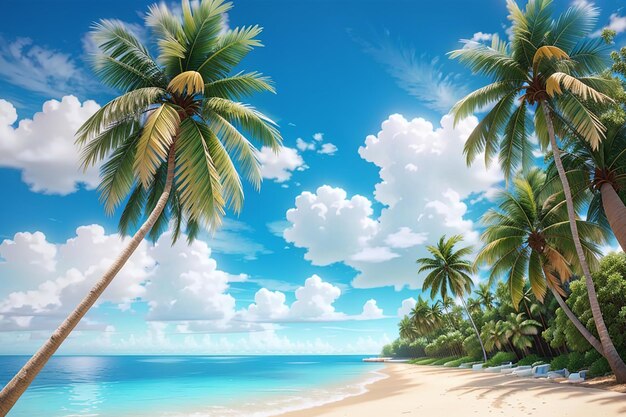 Beautiful tropical beach sea and sand with coconut palm tree on blue sky and white cloud