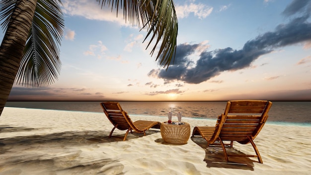 Beautiful tropical beach and sea with 2 chair relax on sunset sky 3D rendering