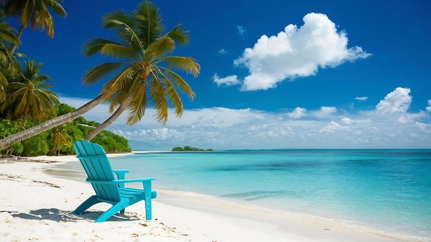 푸른 하늘에 의자와 함께 아름다운 열대 해변과 바다