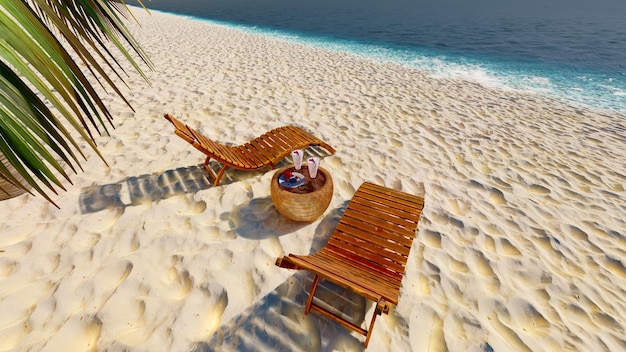 Beautiful tropical beach sunrise with 2 chair relax 3D rendering