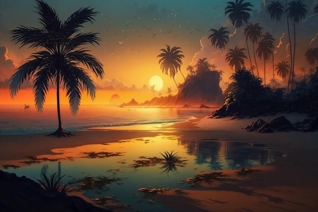 Beautiful tropical beach at sunset with palm trees and orange sky generative AI