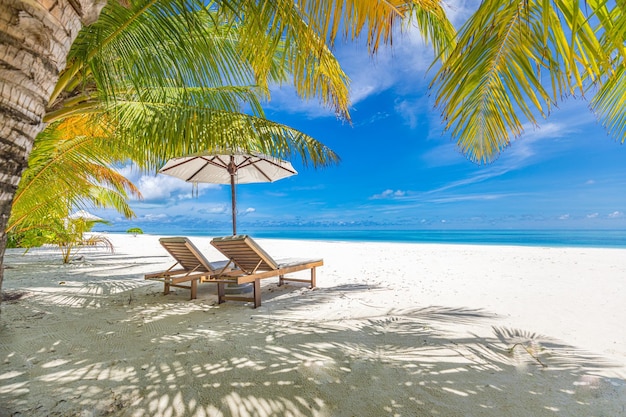 Beautiful tropical beach vacation. White sand and coco palms travel tourism, chairs umbrella.