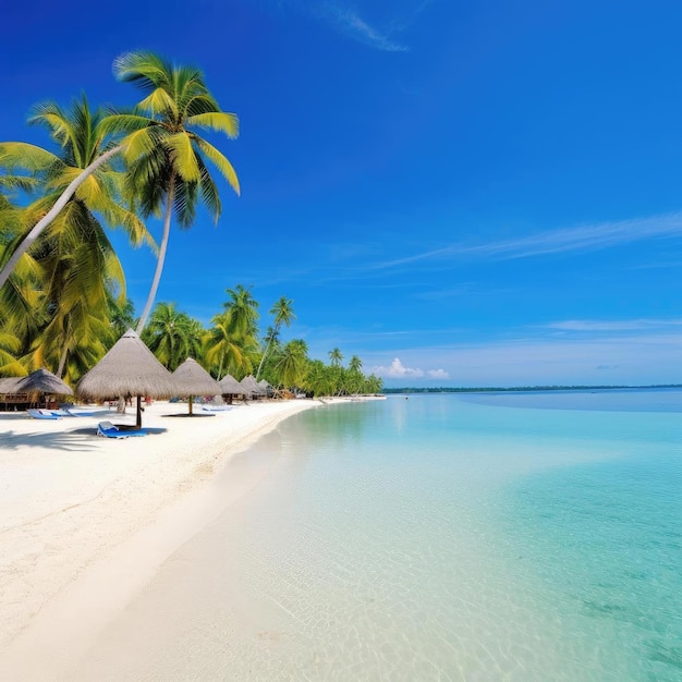 Photo beautiful tropical beach with few palm trees and blue sea