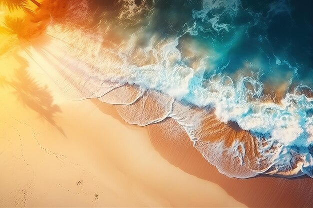 Beautiful tropical beach with sea waves Aerial view Panoramic shot Generative AI