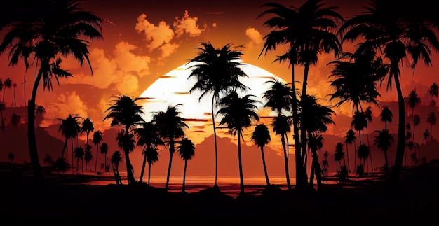 Beautiful tropical beach with silhouettes of palm trees in the twilight evening sun AI generated image