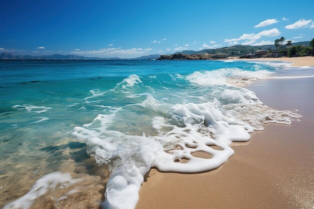 A beautiful tropical beach with a wave on the sea sand blue sky and white clouds