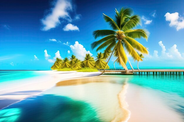 Beautiful tropical beach with white sand palm trees turquoise ocean against blue sky with clouds o