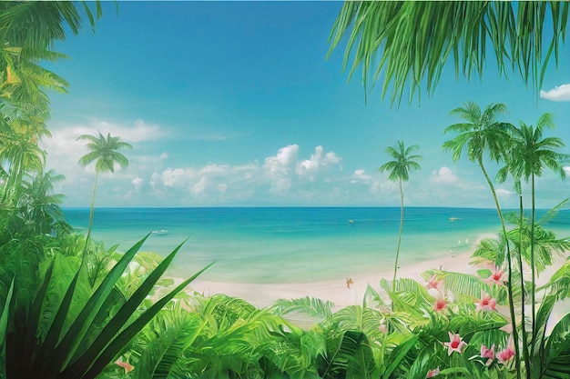 Photo beautiful tropical beach with white sand palm trees turquoise ocean against blue sky with clouds on sunny summer day perfect landscape background for relaxing vacation island of maldives