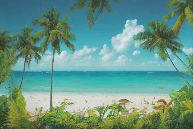 Beautiful tropical beach with white sand palm trees turquoise ocean against blue sky with clouds on sunny summer day Perfect landscape background for relaxing vacation island of Maldives