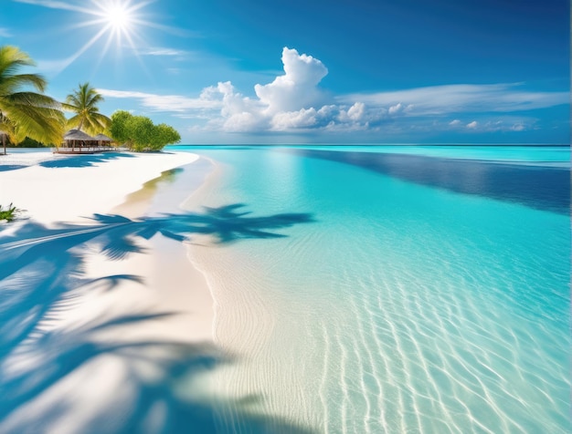 写真 青い空を背景に白い砂浜のヤシの木とターコイズブルーの海がある美しい熱帯のビーチ