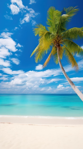 Beautiful tropical beach with white sand turquoise ocean on background blue sky with clouds