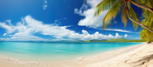 Beautiful tropical beach with white sand turquoise ocean on background blue sky with clouds