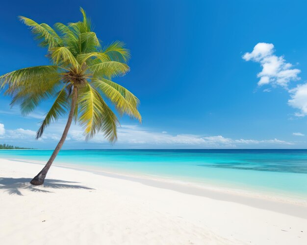 Beautiful tropical beach with white sand turquoise ocean on background blue sky with clouds