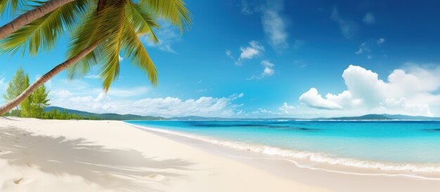 Beautiful tropical beach with white sand turquoise ocean on background blue sky with clouds