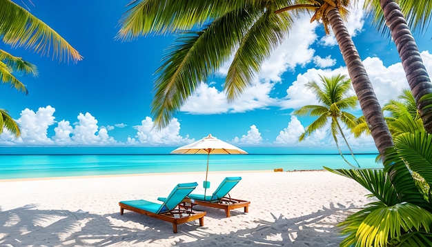 Beautiful tropical beach with white sand and two sun loungers on background of turquoise ocean