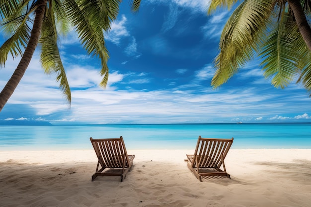 Beautiful tropical beach with white sand and two sun lounges