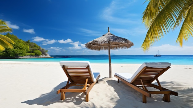 Beautiful tropical beach with white sand and two sunbeds